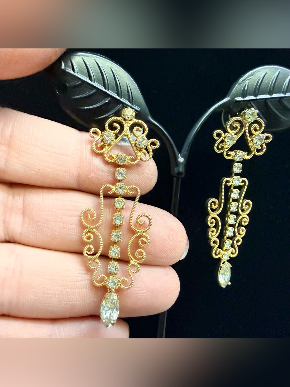 Victorian inspired filigree and rhinestone gold tone earrings - Picture 2 of 3